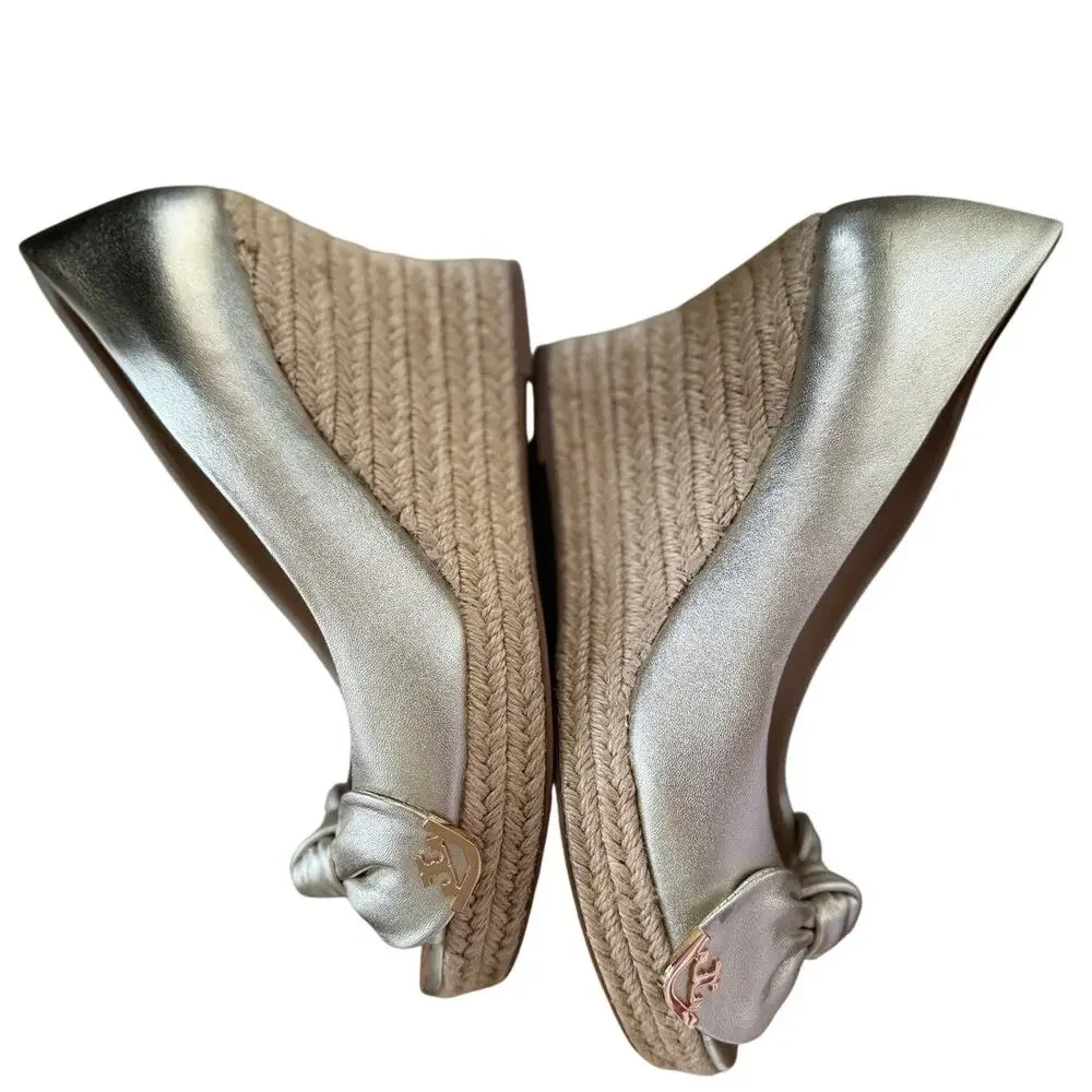 Tory Burch Dory Metallic Gold Rope Peep Toe Pump Espadrille Wedges
